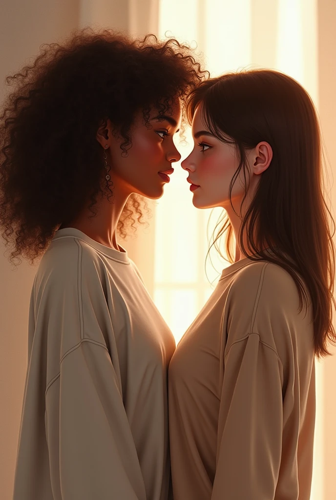 Two girls looking at each other with loving tension,One with well-defined brown curls wearing a loose sweatshirt and dark skin, and the other with white skin and shoulder-length brown straight hair wearing a top.