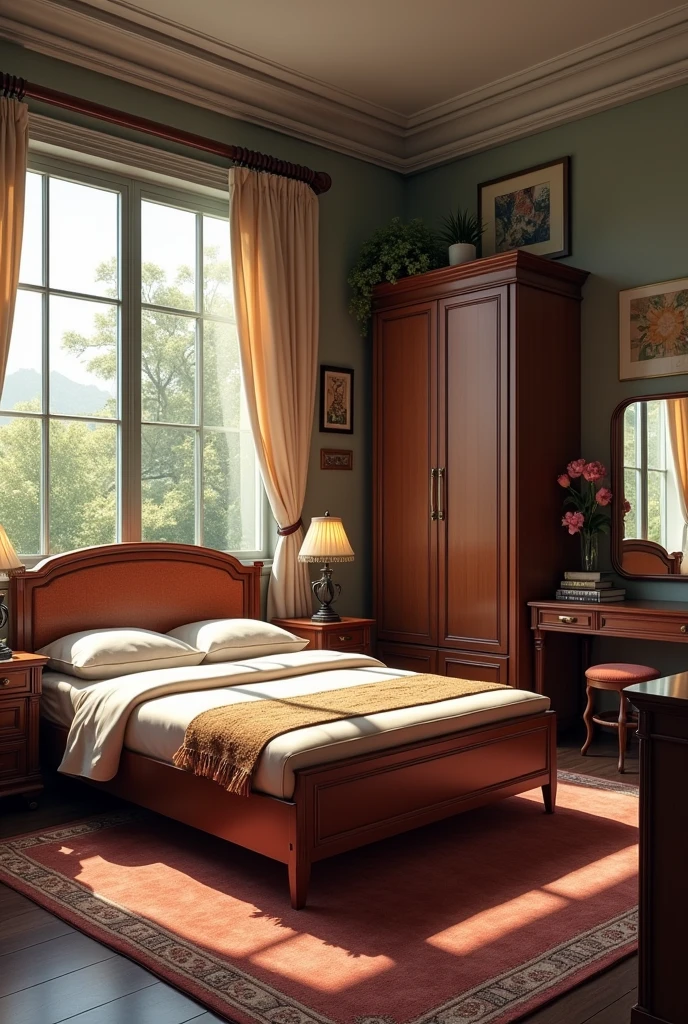 Medium-sized room with a window in front, a closet up to the ceiling, and in between these two a double bed with a headboard on each side, two nightstands, in the corner opposite the door a dressing table with mirror, glass desk, All the furniture is dark wood except the desk, with an aesthetic retro