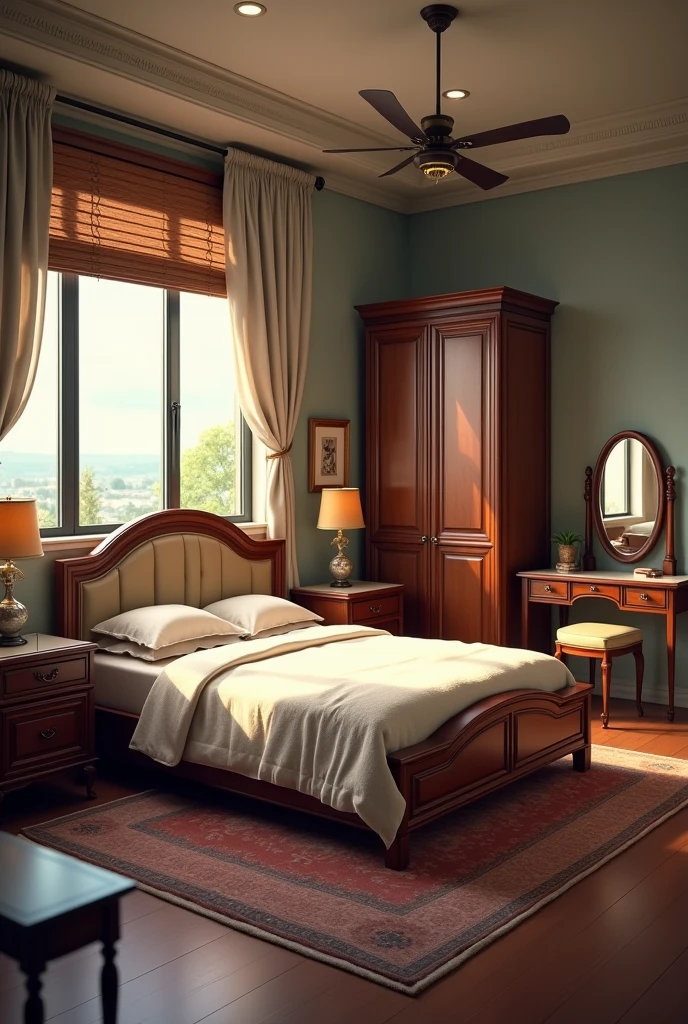 Medium-sized room with a window in front, a closet up to the ceiling, and in between these two a double bed with a headboard on each side, two nightstands, in the corner opposite the door a dressing table with mirror,  glass desk,  All the furniture is dark wood except the desk, with an aesthetic retro