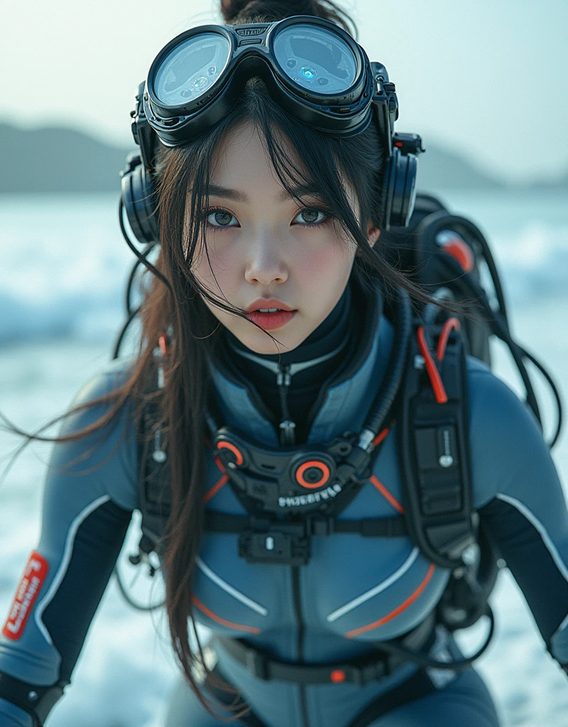 photo-realistic, ultra-realistic, very beautiful Japanese, famous Japanese idol, 20 years old, dramatic scene, masterpiece, beautiful eyes, (face focus, acrobatic closeup to her beautiful face:1.3), (extremely intricated with extremely complex cyber punk mecha armored full-face scuba mask with air hose:1.5), (wearing cyber punk mecha-suits with neon marker:1.5), (she is acrobatic jet skiing on the sea:1.5), (super big jump in the air over the huge waves:1.5), (fully equipped with scuba equipment:1.3), amazing view of huge waves, acrobatic pose, dynamic angle, spectacular, Nimble movements, Sharp turns, (very large breasts), 