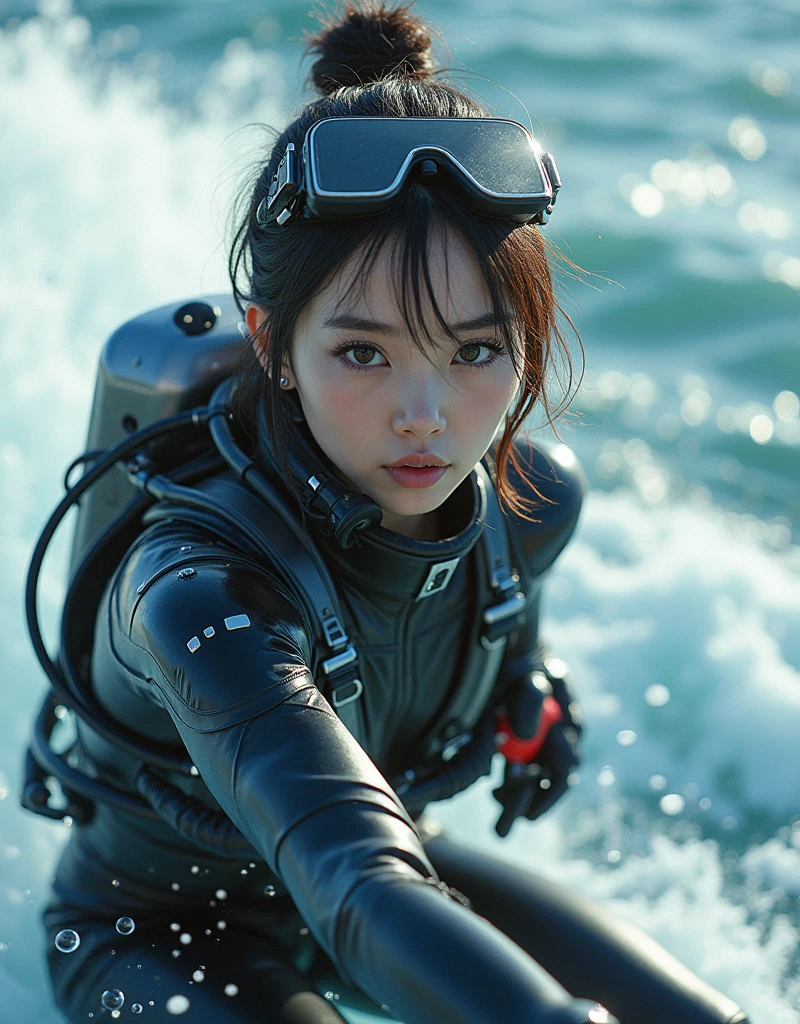 photo-realistic, ultra-realistic, very beautiful Japanese, famous Japanese idol, 20 years old, dramatic scene, masterpiece, beautiful eyes, (face focus, acrobatic closeup to her beautiful face:1.3), (extremely intricated with extremely complex cyber punk mecha armored full-face scuba mask with air hose:1.5), (wearing cyber punk mecha-suits with neon marker:1.5), (she is acrobatic jet skiing on the sea:1.5), (super big jump in the air over the huge waves:1.5), (fully equipped with scuba equipment:1.3), amazing view of huge waves, acrobatic pose, dynamic angle, spectacular, Nimble movements, Sharp turns, (very large breasts),