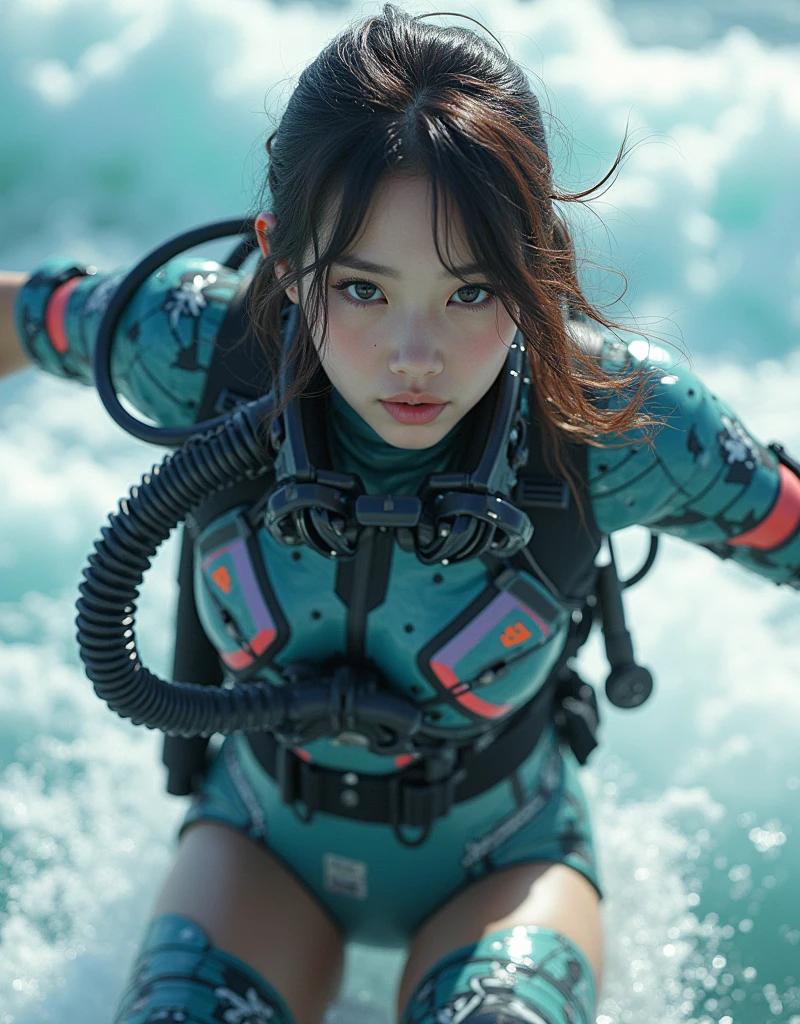 photo-realistic, ultra-realistic, very beautiful Japanese, famous Japanese idol, 20 years old, dramatic scene, masterpiece, beautiful eyes, (face focus, acrobatic closeup to her beautiful face:1.3), (extremely intricated with extremely complex cyber punk mecha armored full-face scuba mask with air hose:1.5), (wearing cyber punk mecha-suits with neon marker:1.5), (she is acrobatic jet skiing on the sea:1.5), (super big jump in the air over the huge waves:1.5), (fully equipped with scuba equipment:1.3), amazing view of huge waves, acrobatic pose, dynamic angle, spectacular, Nimble movements, Sharp turns, (very large breasts), 