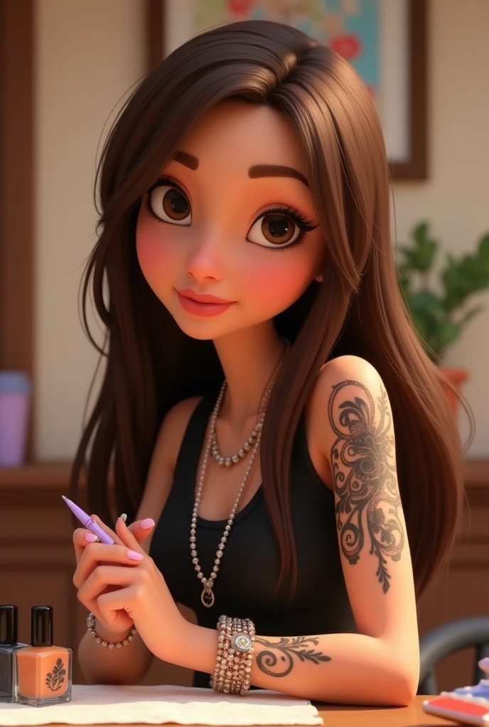 Manicurist pixar has long straight brown hair brown eyes and curly brunette tattoo on arm