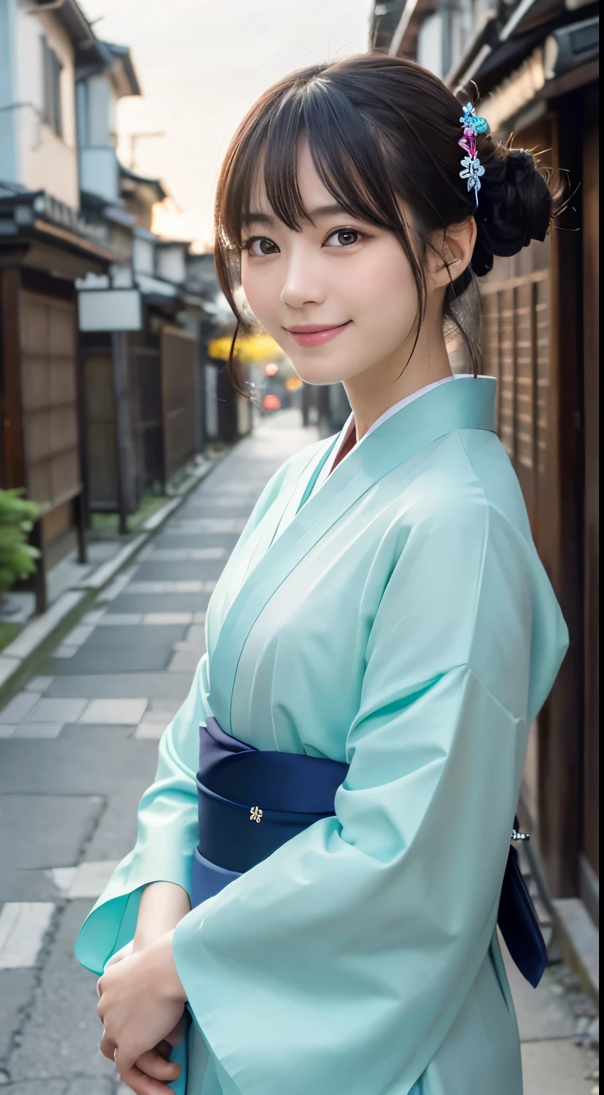 Professional Lighting,(Photorealistic:1.4), (Top image quality:1.0), (超High resolution:1.0), 8k, Raw photography, (masterpiece:0.2), (Facing the children_v1:0.5)、(最高quality Detail:1.2)、Realistic、8k UHD、High resolution、(1 person:1.2)、超detailedな、High quality textures、複雑なdetailed、detailed、Very detailed CG、High quality shadows、detailed 美しく繊細な顔、Beautiful details and a delicate eye、(Symmetrical eyes:1.2),Written boundary depth、Ray Tracing,1 person, Japanese, (Natural smile:1.4),cute, thin, Portrait of a beautiful Japanese woman in a kimono, Standing elegantly on a street corner in Kyoto. Kimono with vibrant traditional patterns, Hair decorated with elegant and delicate hairpins, Gentle expression. (With the old streets of Kyoto in the background:1.4)、The soft light of a spring afternoon、Adding tranquility to the scene. Rendered in a Realistic style with great attention to detail, High resolutionの画像.Sky Porn, Magic Hour, (Realistic:1.3), finely, quality, (Tabletop:1.2), (Realistic:1.2), (最高quality), (複雑なdetailed), dramatic, Ray Tracing, photograph, +roller