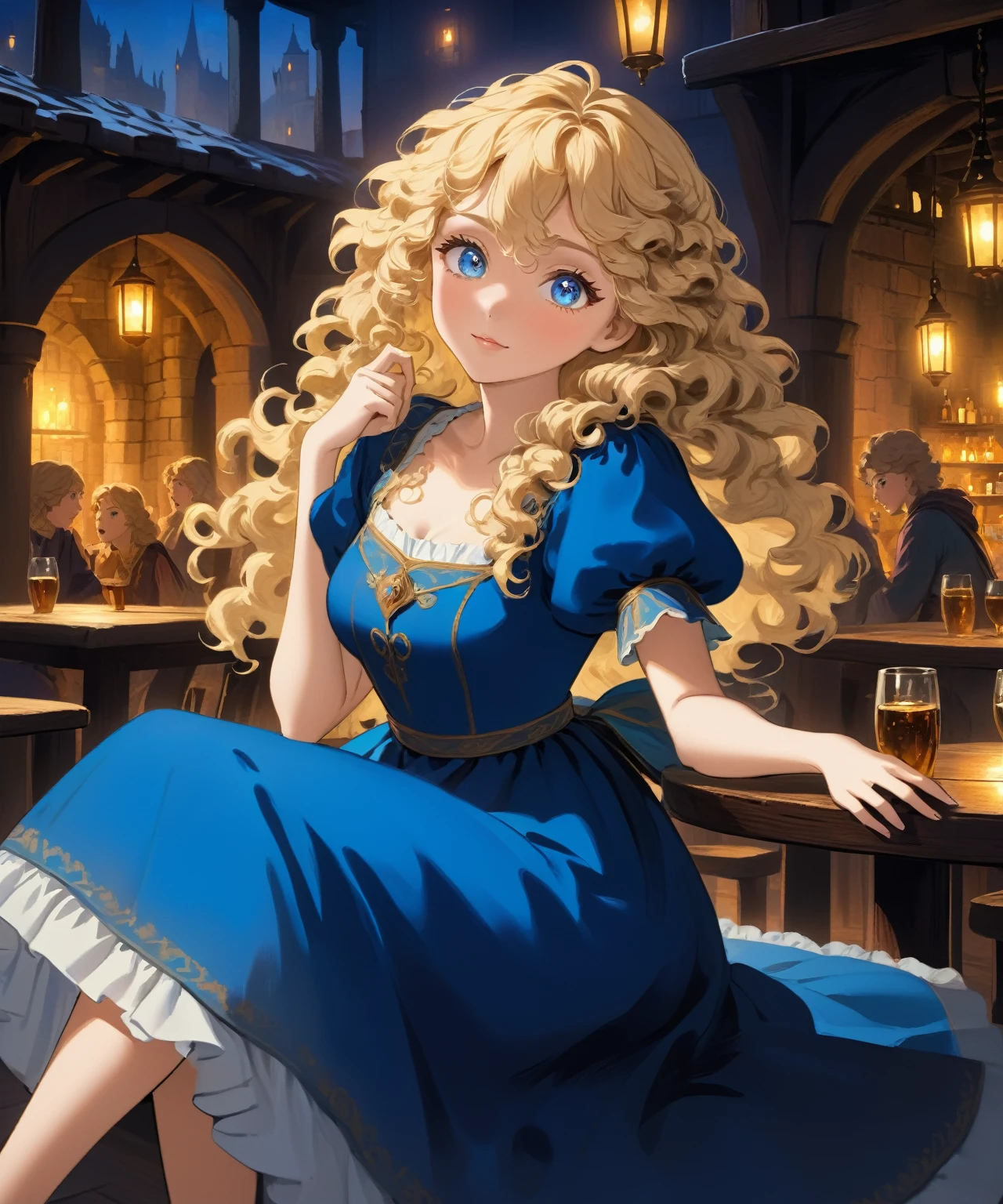 masterpiece, safe, best quality, expressive eyes, perfect face a young anime woman in renaissance, historical, fantasy wearing simple blue dress long curly blonde hair down her waist no bangs saphire eyes. she is sitting in a night time tavern, excited to enjoy