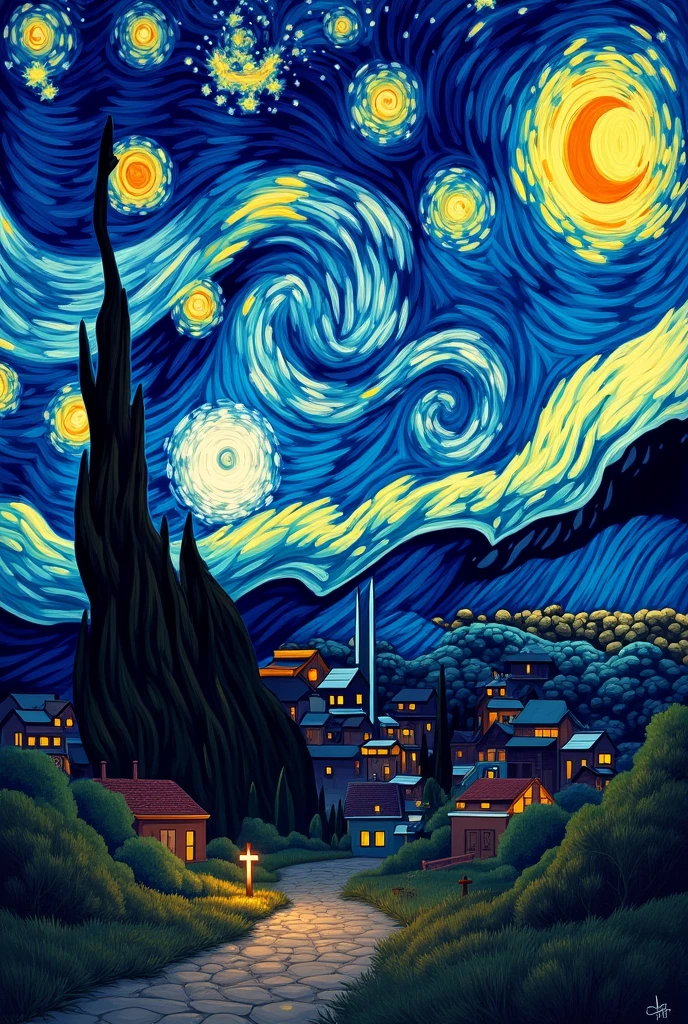 "Create a vivid description of a night sky filled with swirling, dynamic stars. Capture the emotional intensity and movement of the night, blending bold, expressive brushstrokes with contrasting colors. Include a quiet, serene village below the tumultuous sky to contrast the calm with the dramatic, swirling celestial patterns above." #vincintvangogh #darkeasthetic