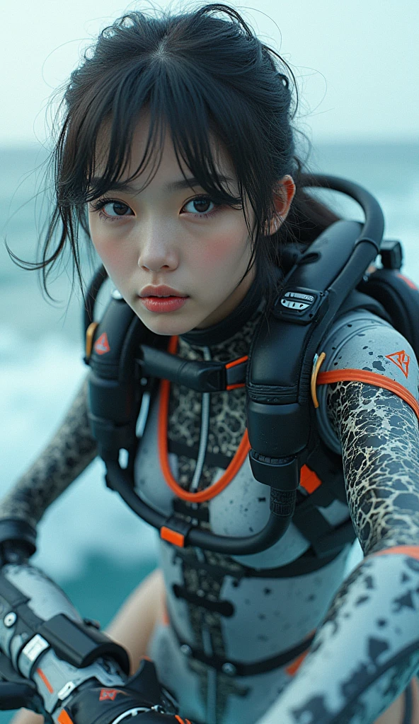 photo-realistic, ultra-realistic, very beautiful Japanese, famous Japanese idol, 20 years old, dramatic scene, masterpiece, beautiful eyes, (face focus, acrobatic closeup to her beautiful face:1.3), (extremely intricated with extremely complex cyber punk mecha armored full-face scuba mask with air hose:1.5), (wearing cyber punk mecha-suits with neon marker:1.5), (she is acrobatic jet skiing on the sea:1.5), (super big jump in the air over the huge waves:1.5), (fully equipped with scuba equipment:1.3), amazing view of huge waves, acrobatic pose, dynamic angle, spectacular, Nimble movements, Sharp turns, (very large breasts),