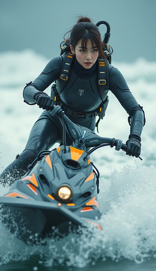 photo-realistic, ultra-realistic, very beautiful Japanese, famous Japanese idol, 20 years old, dramatic scene, masterpiece, beautiful eyes, (face focus, acrobatic closeup to her beautiful face:1.3), (extremely intricated with extremely complex cyber punk mecha armored full-face scuba mask with air hose:1.5), (wearing cyber punk mecha-suits with neon marker:1.5), (she is acrobatic jet skiing on the sea:1.5), (super big jump in the air over the huge waves:1.5), (fully equipped with scuba equipment:1.3), amazing view of huge waves, acrobatic pose, dynamic angle, spectacular, Nimble movements, Sharp turns, (very large breasts),