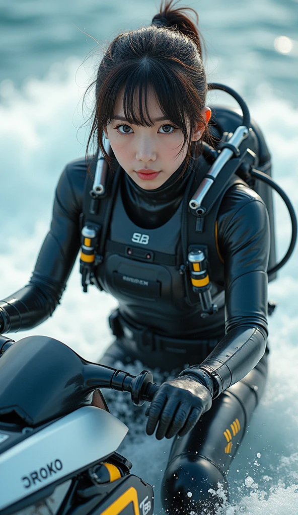 photo-realistic, ultra-realistic, very beautiful Japanese, famous Japanese idol, 20 years old, dramatic scene, masterpiece, beautiful eyes, (face focus, acrobatic closeup to her beautiful face:1.3), (extremely intricated with extremely complex cyber punk mecha armored full-face scuba mask with air hose:1.5), (wearing cyber punk mecha-suits with neon marker:1.5), (she is acrobatic jet skiing on the sea:1.5), (super big jump in the air over the huge waves:1.5), (fully equipped with scuba equipment:1.3), amazing view of huge waves, acrobatic pose, dynamic angle, spectacular, Nimble movements, Sharp turns, (very large breasts), 