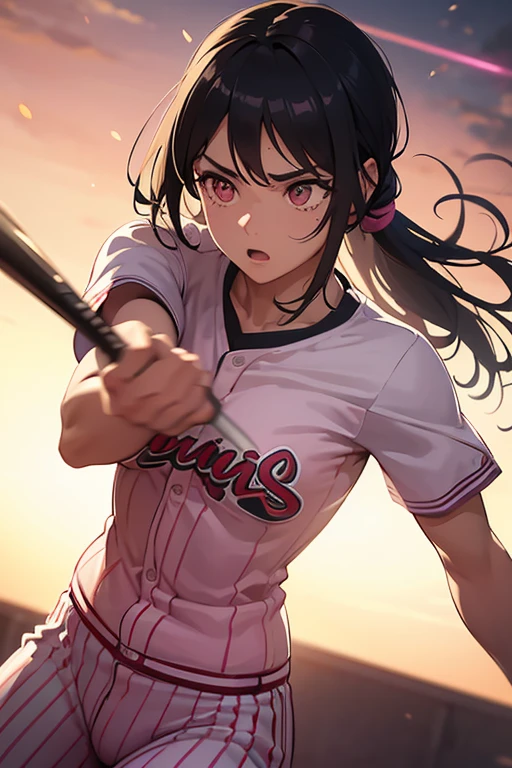 A female baseball player wearing pink striped uniform, swinging bat with full force, detailed facial features, muscular body, dynamic action pose, cinematic lighting, golden hour lighting, dramatic shadows, photorealistic, hyperrealistic, 8k, best quality, masterpiece, ultra-detailed, highly detailed, vivid colors, volumetric lighting, depth of field, motion blur, cinematic composition