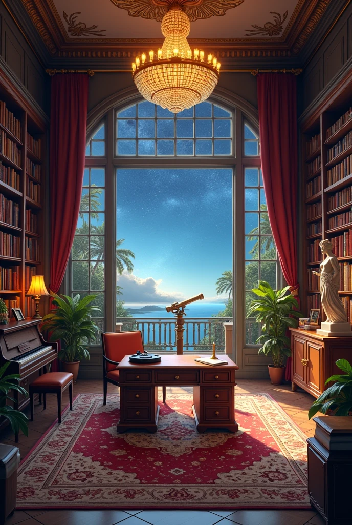 A medieval yet sophisticated home interior with floor-to-ceiling bookshelves showcasing a vast collection of books, a large glass and metal desk with a clean design, a modern ergonomic chair in wood and leather and an inspiring view of the ocean and beach, a lively landscape through the window, a perfect blend of aesthetics.