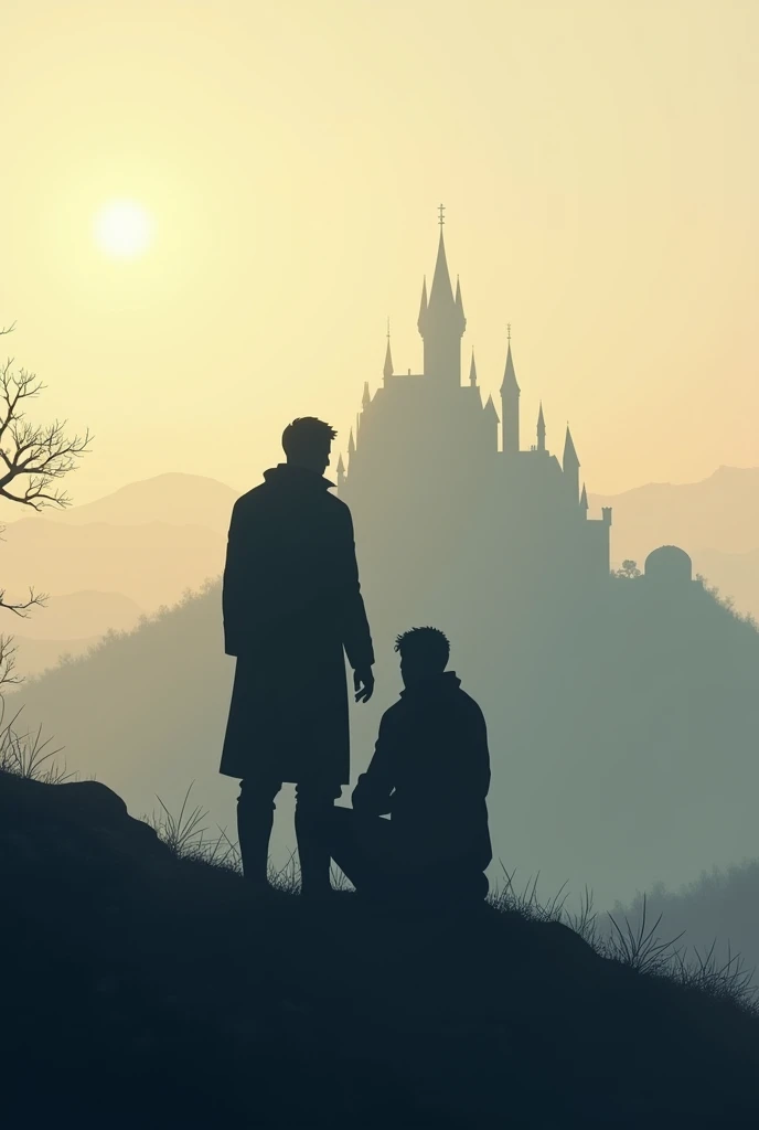 Create an image, with a silhouette looking at the horizon, and a castle in the background.
Another silhouette nearby, taking care of the first.
they are both men. An alpha and an omega.
