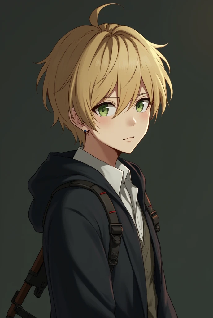 Whole body, evaluative style, male gender, adolescent, short blonde hair, With light green eyes, with a hoop in the right ear, light skin color, dark background, soft features, with weapon