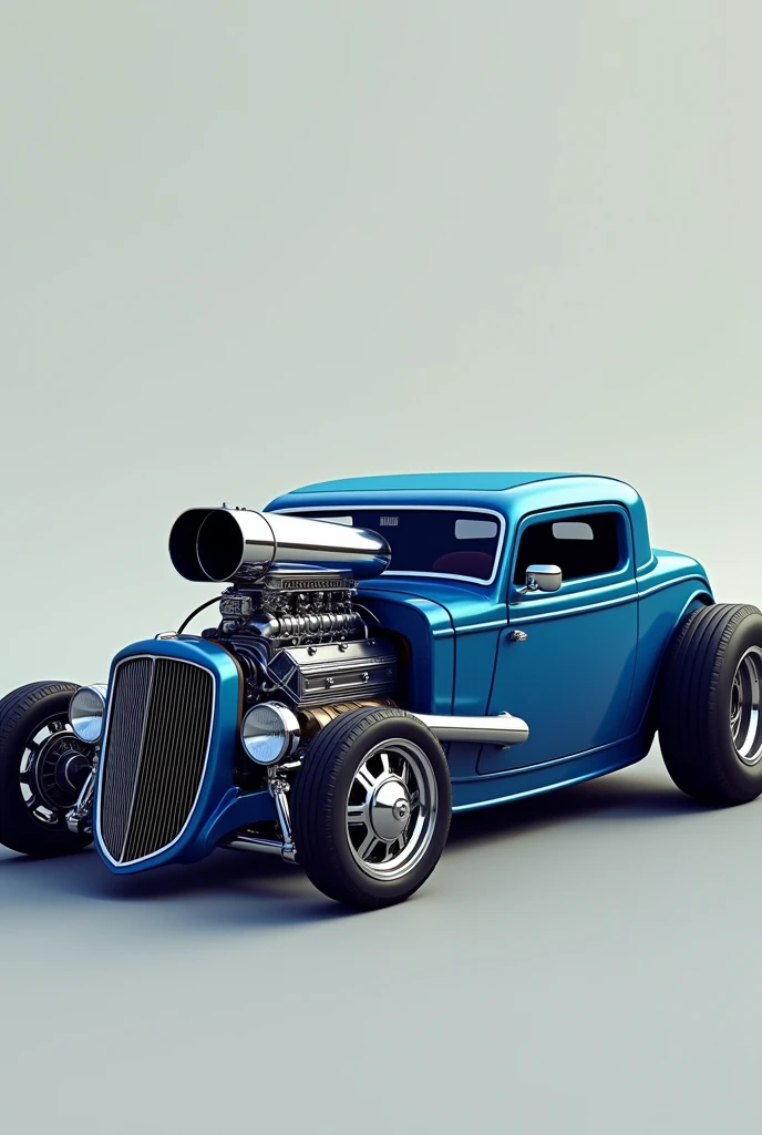 Blue hot rod with v8 engine with big flashy exhausts