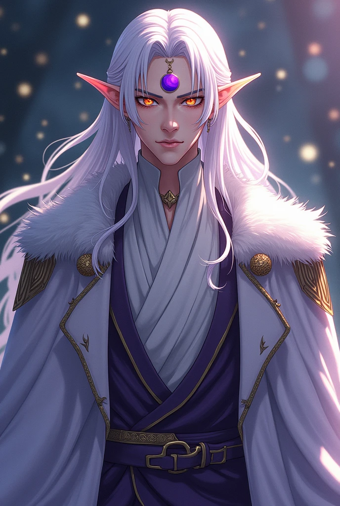 Sesshomaru Taisho very beautiful man like a celestial elf with golden eyes and long platinum hair, She dresses in a Victorian style and has a purple waning moon on her forehead.