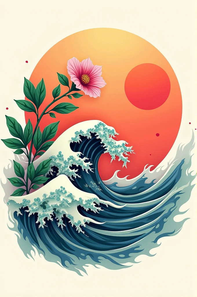 Logo with shiso flower, waves texture and Japanese sun 