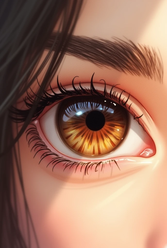 Draw a thin almond eye wuth curled eyelashes the color of the eyes is medium brown and light brown in the sunlight with classic/ round eyebrows and make the drawing look as realistic as possible 