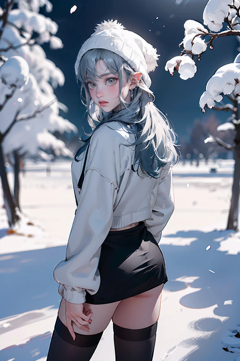 Silver Hair, (Rear View, Rear View),(Highest quality,High resolution,Very detailed,Actual),Target,A world covered in silver, Snow covered branches, toque Chill de invierno, Snowflakes dance like elves, Turning the world into a silver fairy tale, Chill, Quiet and beautiful snow scenery., Cozy and quiet, (Ocean Art 2.1), (Background Frozen white trees Snow falling:1.4) , (Beautiful Blue Eyes、Big stone black eye:1.4) , (Realistic) ,8K high quality, detailed art, Fan Art Best Art Station, Fantasy art style, ((A short, sheer black miniskirt:1.4)) ,(String), Stockings Bra, Leggings White,Sexy Body