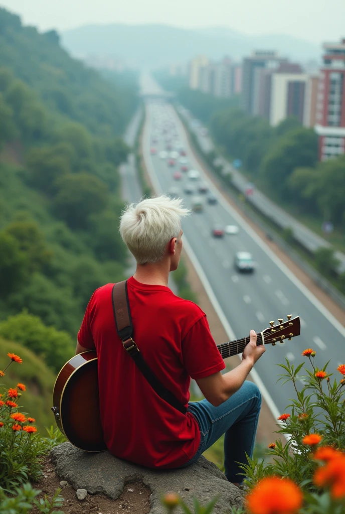 A 21 old(white facial) man singing a pop song playing guitar, seating on heights place looking under the city, green hill, highway from height ppace , the small flowers around the boy, background blur 0% (boy upper were color is red and bottom were is white),( highly detailed),(vivid) realistic image 4k HDR