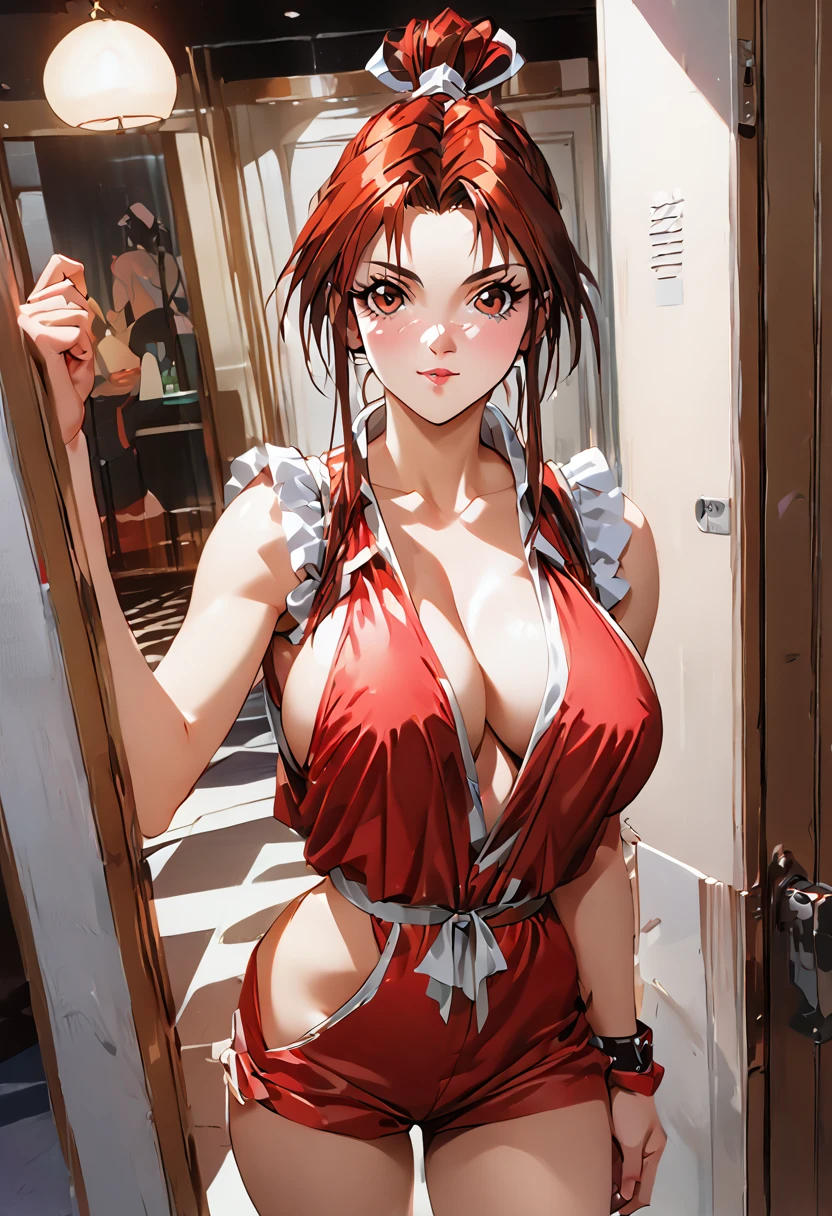 (((masterpiece) (((((best quality))))((high resolution))))), Very detailed, Ultra-realistic, )、、Locker room、Red outfit、ponytail、Huge breasts、sleeveless、((Poker face))、Standing，Mai Shiranui，Mai Shiranui，Mai Shiranui outfits, kof