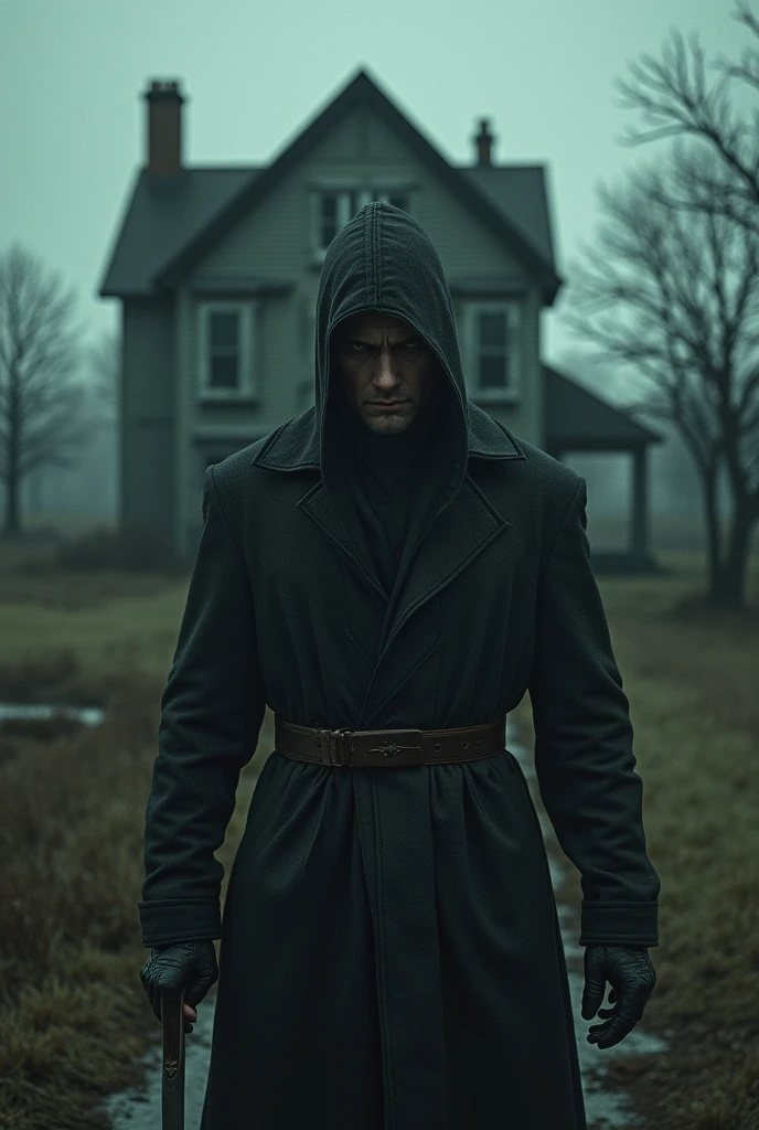 The man holding a knife stood in front of the house, his eyes looking at the house, he looked very dangerous.