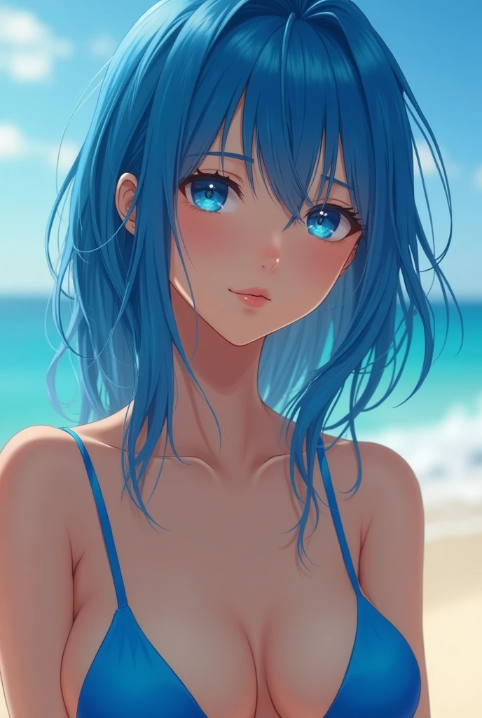 Realistic、1girl、blue hair、blue eyes、gradient eyes,(blue enamel bikini)、cute face,face focus,upper body:1.5,beach、wallpaper