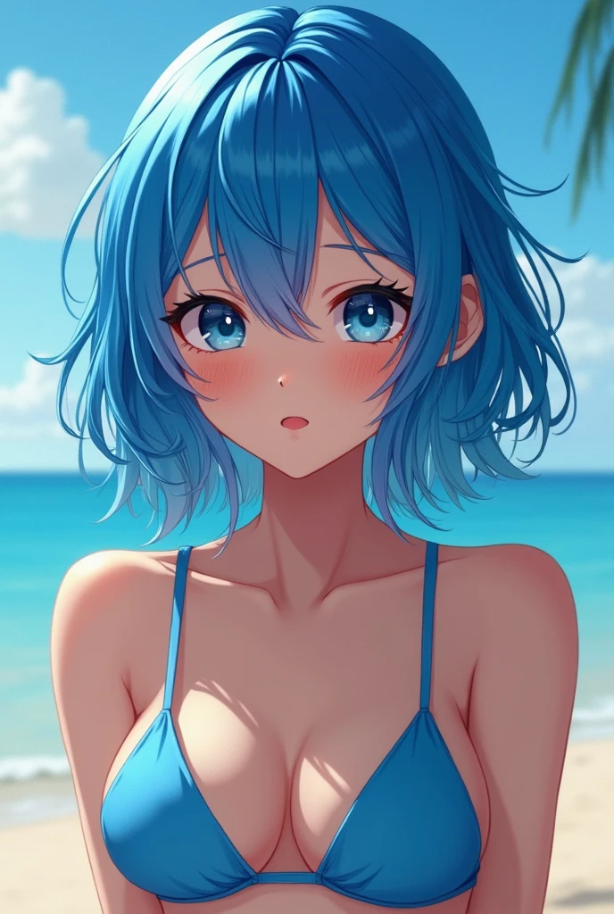 Realistic、1girl、blue hair、blue eyes、gradient eyes,(blue enamel bikini)、cute face,face focus,upper body:1.5,beach、wallpaper