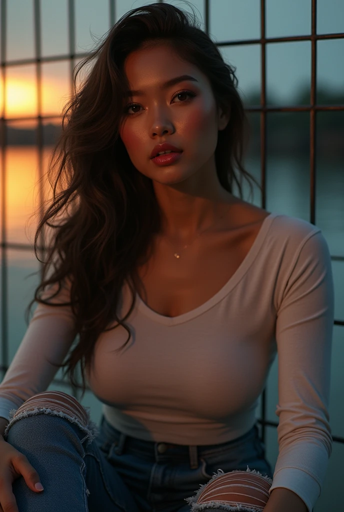 (photo realistic:1.4), (hyper realistic:1.4), (realistic:1.3), (smoother lighting:1.05), (increase cinematic lighting quality:0.9), 32K, 1girl, 30yearsold indonesian woman, LARGE BREAST, wear hijab, tight longsleeve t-shirt, torn jeans, high heels, sitting against the riverside fence, realistic lighting, backlighting, light on face, ray trace, (brightening light:1.2), (Increase quality:1.4), (best quality real texture skin:1.4), finely detailed eyes, finely detailed face, finely quality eyes, (sensual and seductive expression:0.0), (Increase body line mood:1.1), (Increase skin texture beauty:1.1)