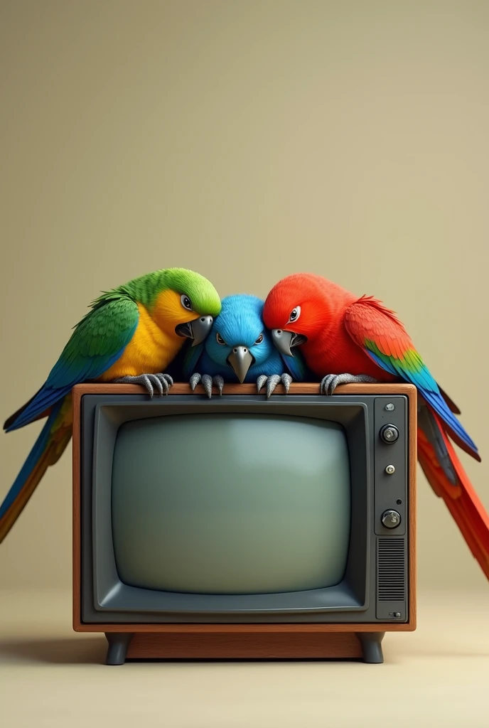 3 parrots sleeping on a tiny TV