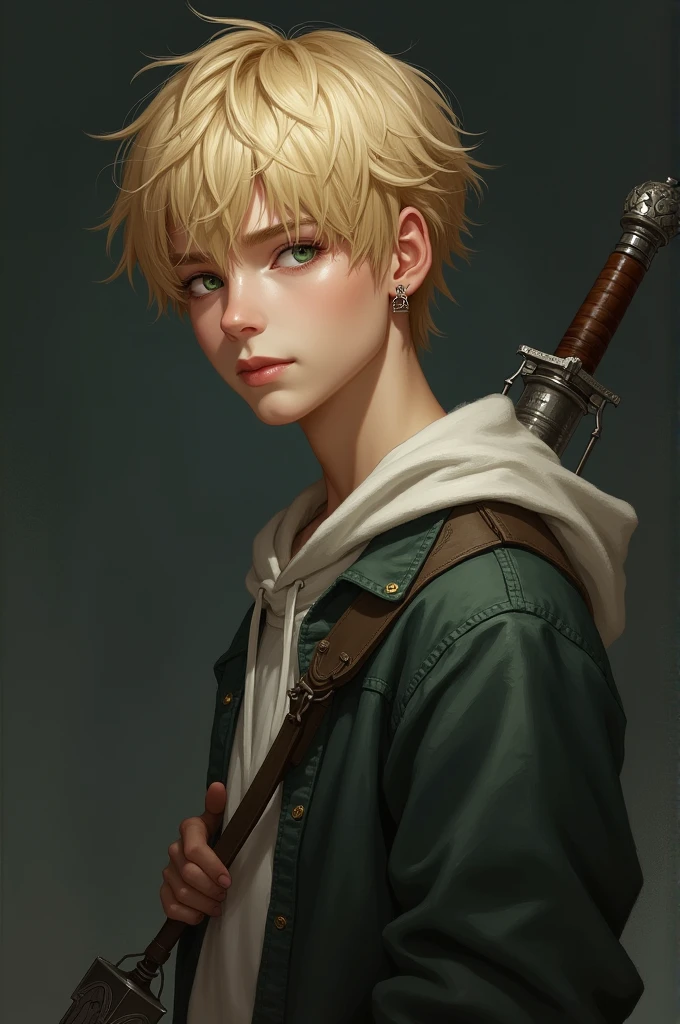 Whole body, evaluative style, male gender, adolescent, short blonde hair, With light green eyes, with a hoop in the right ear, light skin color, dark background, soft features, with weapon