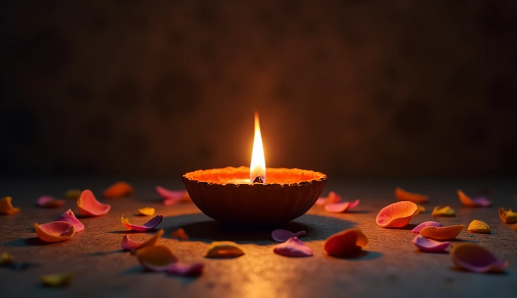 Single Diya lamp in focus, with its flame casting a soft, warm light, surrounded by scattered flower petals on a dark, textured surface