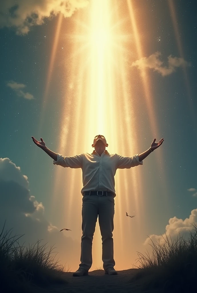 A man looking up with his arms outstretched、Sparkling light pours down from the sky