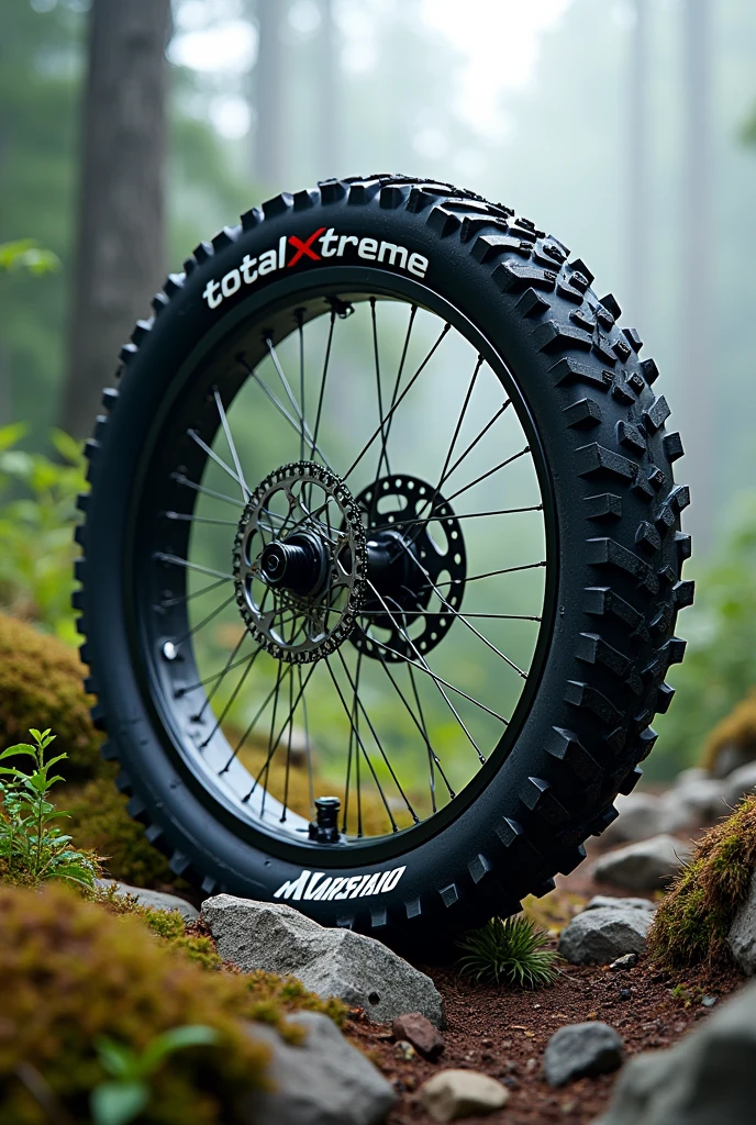 Generate an image of a mountain bike wheel with the name totalxtreme