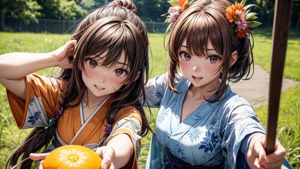 Close-up shot. Takumi, a with brown hair, is standing in a lush green field. She's pointing at the camera with both hands, her face filled with excitement and surprise. Her eyes are wide, and her mouth is open in a wide grin. Her light blue yukata and orange belt are slightly disheveled. The background is blurred, focusing solely on her expressive face.