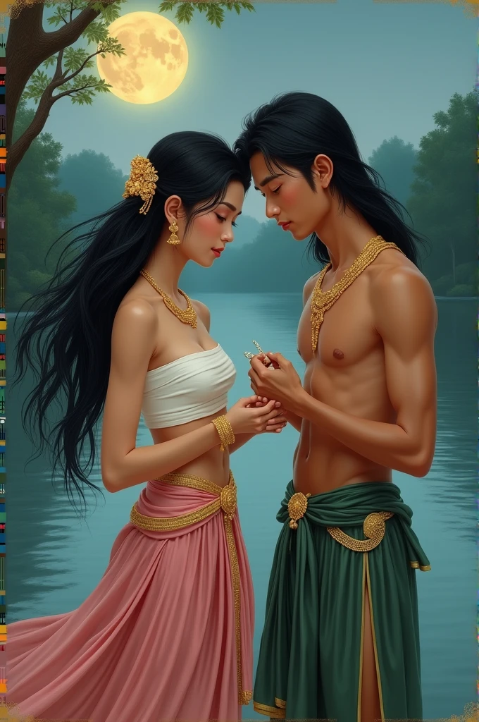full lenght hiper 4k On a full moon night, on the river bank, there is a beautiful, sweet, and gentle young woman, 2, with long, flowing black hair, beautiful gold hair accessories, in a pure white and pink Thai tube top, wearing a white and pink sarong, a gold belt, and there is a handsome young man with long black hair on his head, wearing a green and gold sarong, wearing a gold necklace, the young man is putting a small white naga bracelet on the young woman, profile dynamic, oil painting, 3D painting, art painting by Ajarn Chalermchai