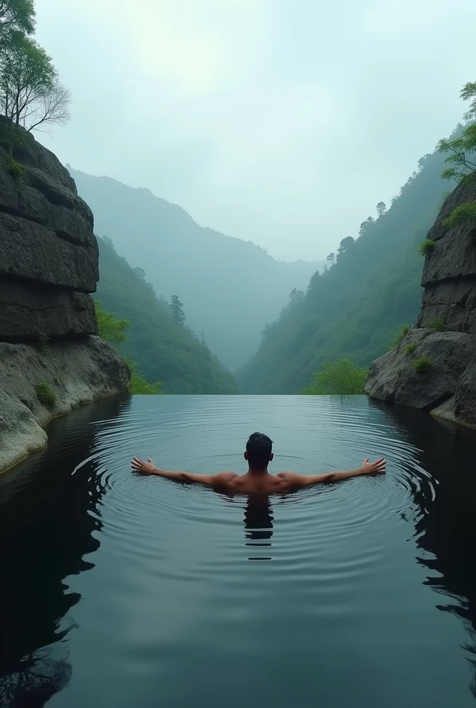 A man floats in a natural waterfall pool on a cliff, enjoying the serene view of the valley. The man is in the center of the picture, floating on his back in the water with his arms outstretched. He is looking up at the sky.  The water is dark and still, reflecting the cloudy sky above. The flat small 
cliffs on hilltop either side of the natural waterfall pool are brown and rocky. In the distance, there are green hills covered with trees and a hazy sky. The overall atmosphere is tranquil and peaceful, with a sense of awe and wonder at the natural beauty of the scene.  The man appears to be enjoying the quiet solitude of the moment. The photo conveys a feeling of serenity and freedom, as the man is completely immersed in the natural beauty of his surroundings. 
