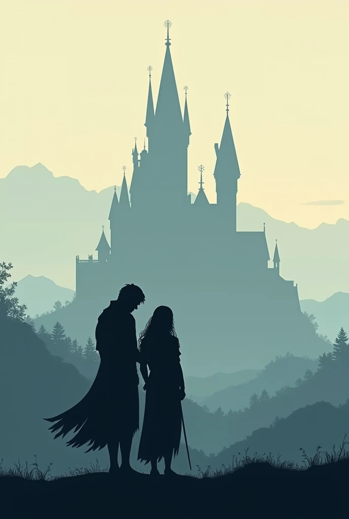 Create an image, with a silhouette looking at the horizon, and a castle in the background.
Another silhouette nearby, taking care of the first. The two standing.
they are both men. An alpha and an omega.