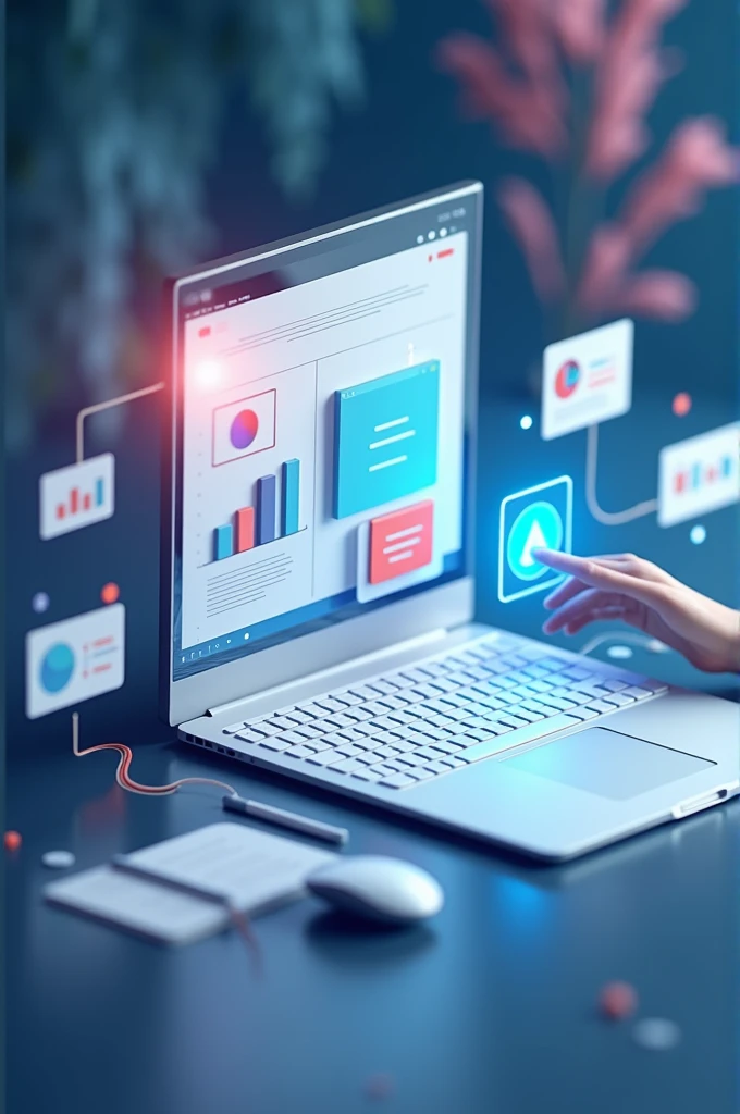 UI/UX Design Integration: "A design-to-code transition scene featuring tools like wireframes and color palettes alongside a web page being built. The image should show the seamless integration of UI/UX design principles into functional web pages, with a cursor or drag-and-drop interface in action."