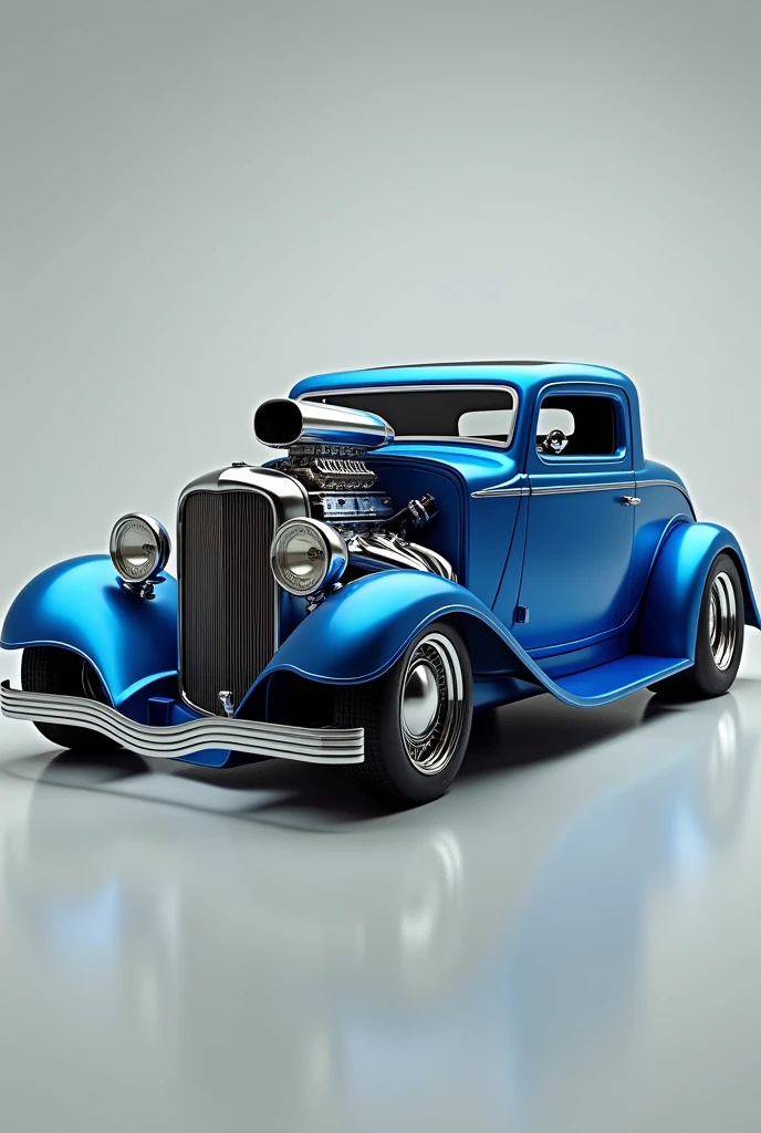 Blue hot rod with v8 engine with big flashy exhausts