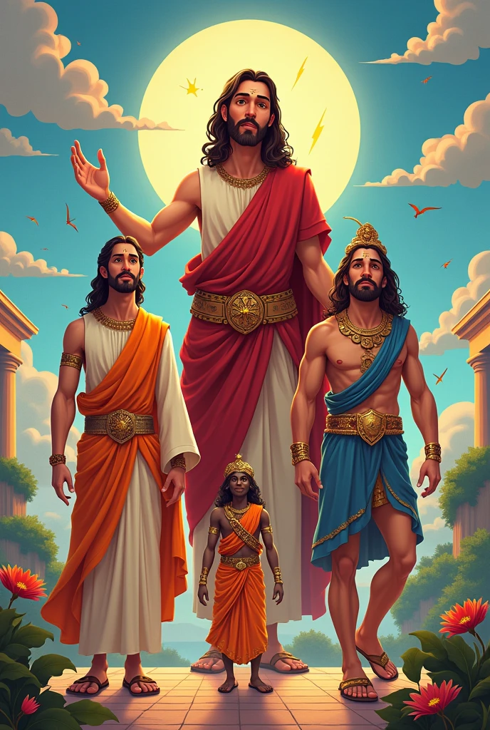 Create a Catholic Jesus Christ character,one of Zeus the Greek god,one ramayana of hinduism,and a man from indigenous mythology We created with the style of pixar cartoons