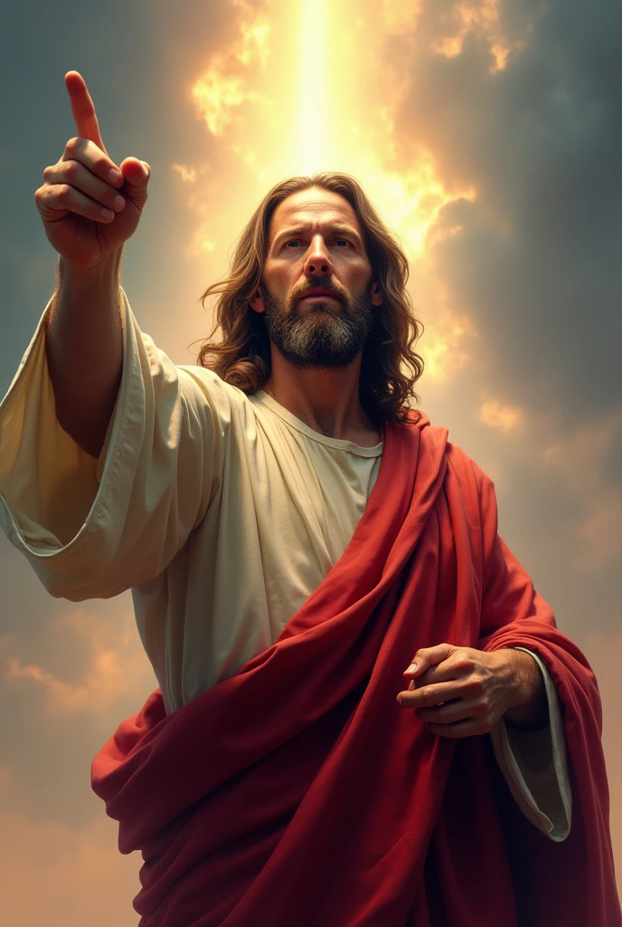 Wonderful Jesus Christ with a serious look pointing his finger forward, with a sky with rays in the background