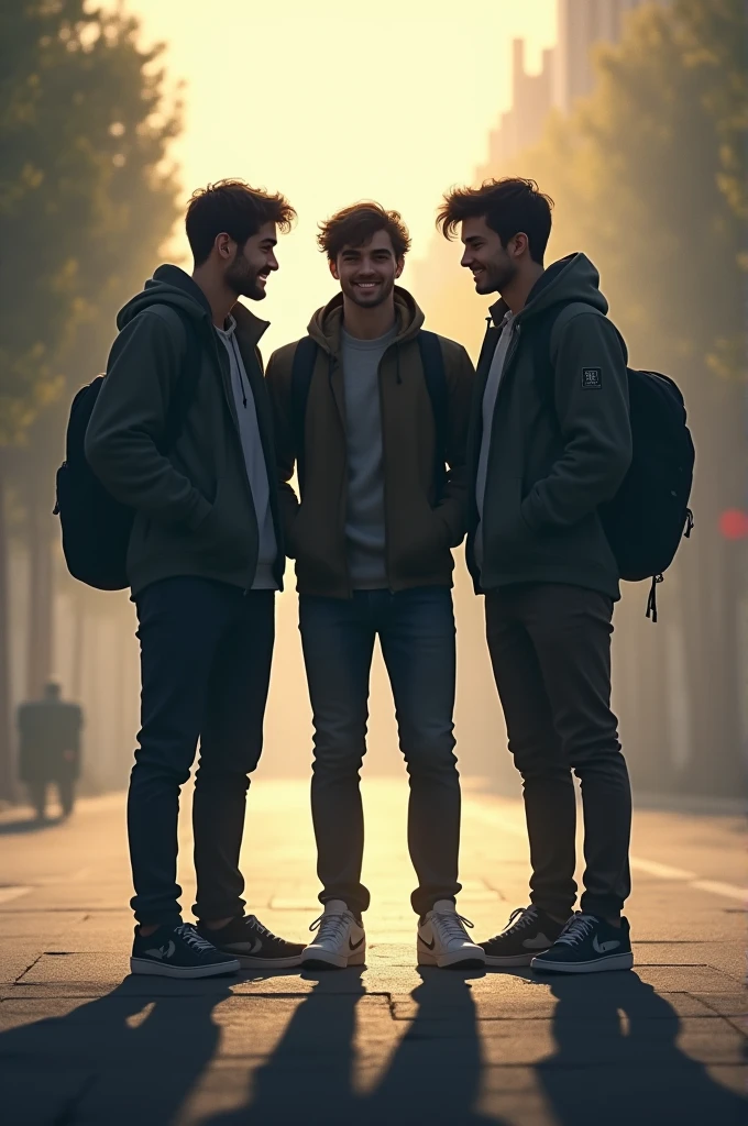 Un groupe de 3 amis masculins, leurs ombres imprimées au sol