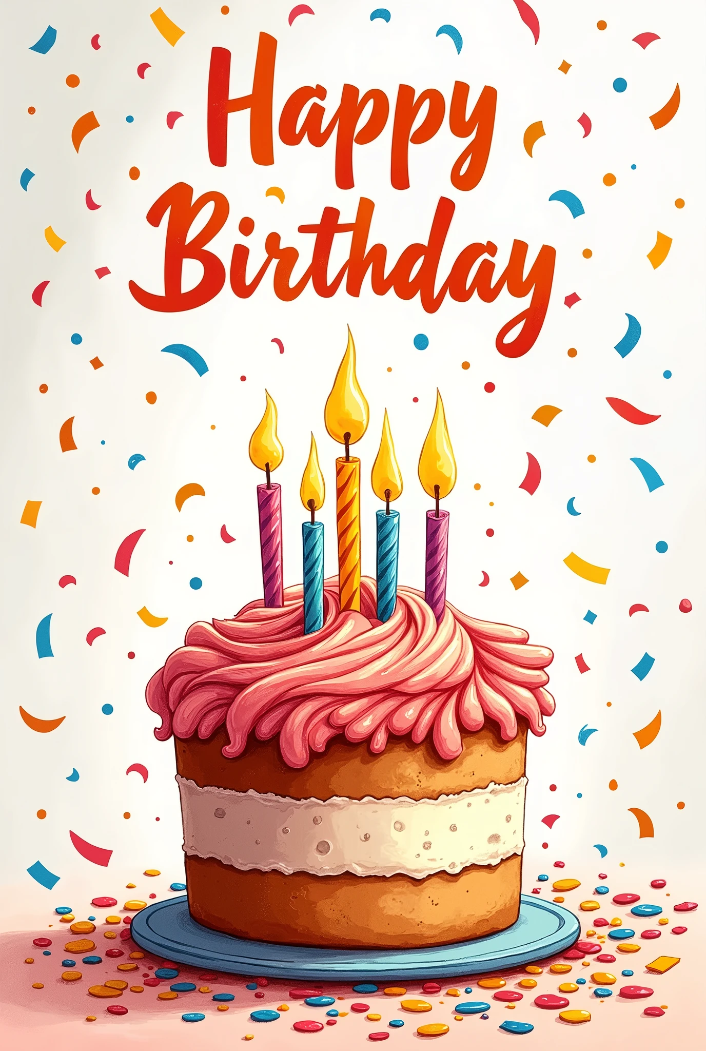 A vibrant card with a hand-drawn cake and candles, surrounded by confetti.
Message: "Your special day deserves all the joy and love in the world. Happy Birthday to someone who makes life sweeter!"