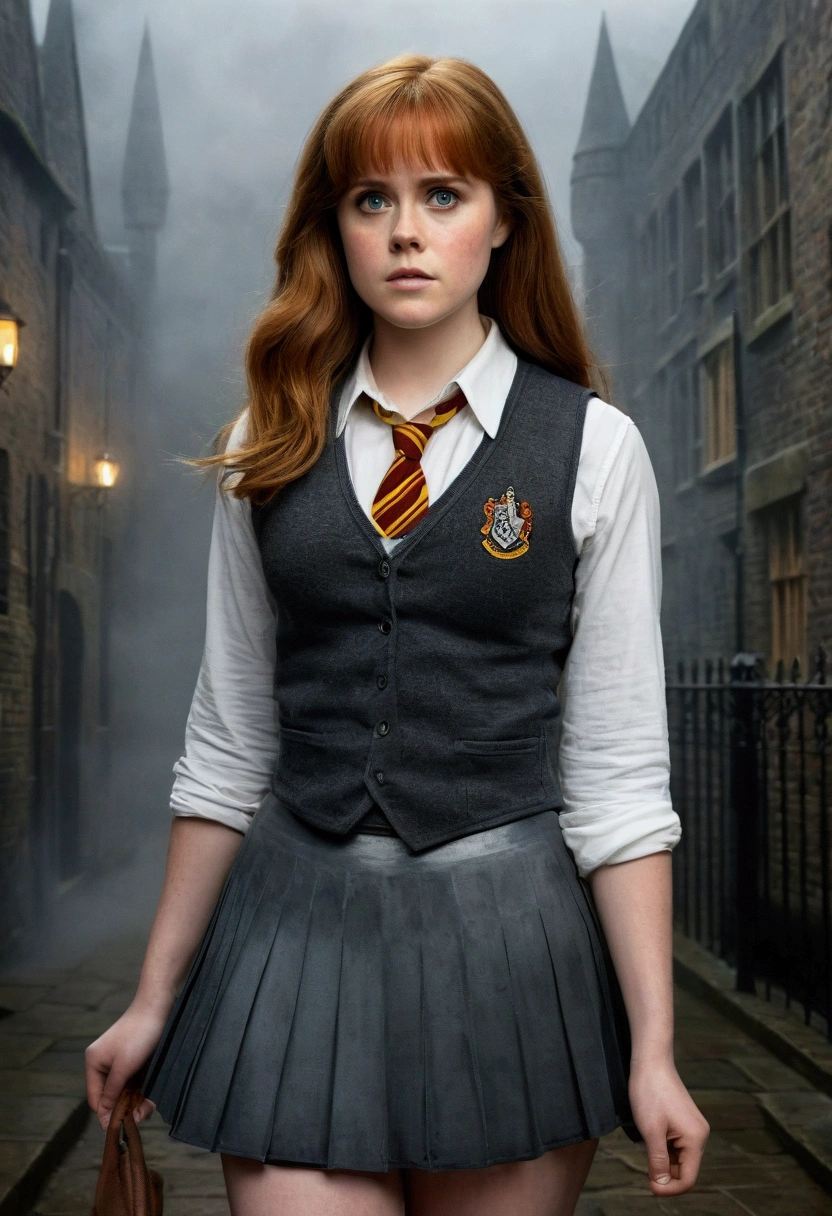 An illustrated movie poster, hand-drawn, full color, a age Hogwarts student, 18-years-old, female, wearing a charcoal vest and a pleated skirt, athletic hourglass figure, busty bosoms, full wide hips, massive round butt, long shapely legs, ridiculously thick powerful thighs, vibrant eyes, deep dark auburn hair, thick shaggy bangs, flushed sun-kissed complexion, freckles, resembles Amy Adams, standing in a foggy Hogwarts courtyard, surrounded by mist, graphite shading, stencil marks, airbrushed acrylic paint, masterpiece, close-up shot, in the style of the Deathly Hallows