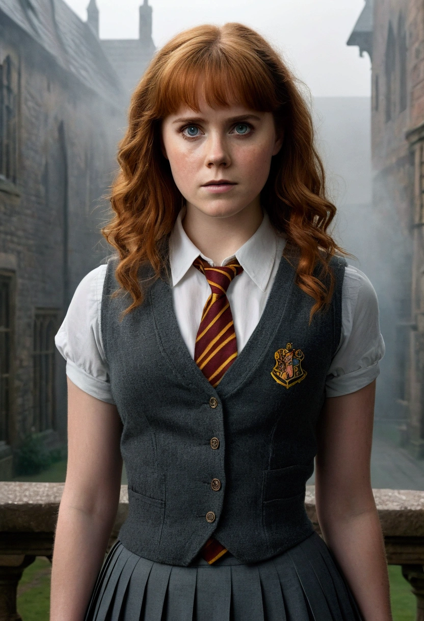 An illustrated movie poster, hand-drawn, full color, a teenage Hogwarts student, 18-years-old, female, wearing a charcoal vest and a pleated skirt, athletic hourglass figure, busty bosoms, full wide hips, massive round butt, long shapely legs, ridiculously thick powerful thighs, vibrant eyes, deep dark auburn hair, thick shaggy bangs, flushed sun-kissed complexion, freckles, resembles Amy Adams, standing in a foggy Hogwarts courtyard, surrounded by mist, graphite shading, stencil marks, airbrushed acrylic paint, masterpiece, close-up shot, in the style of the Deathly Hallows