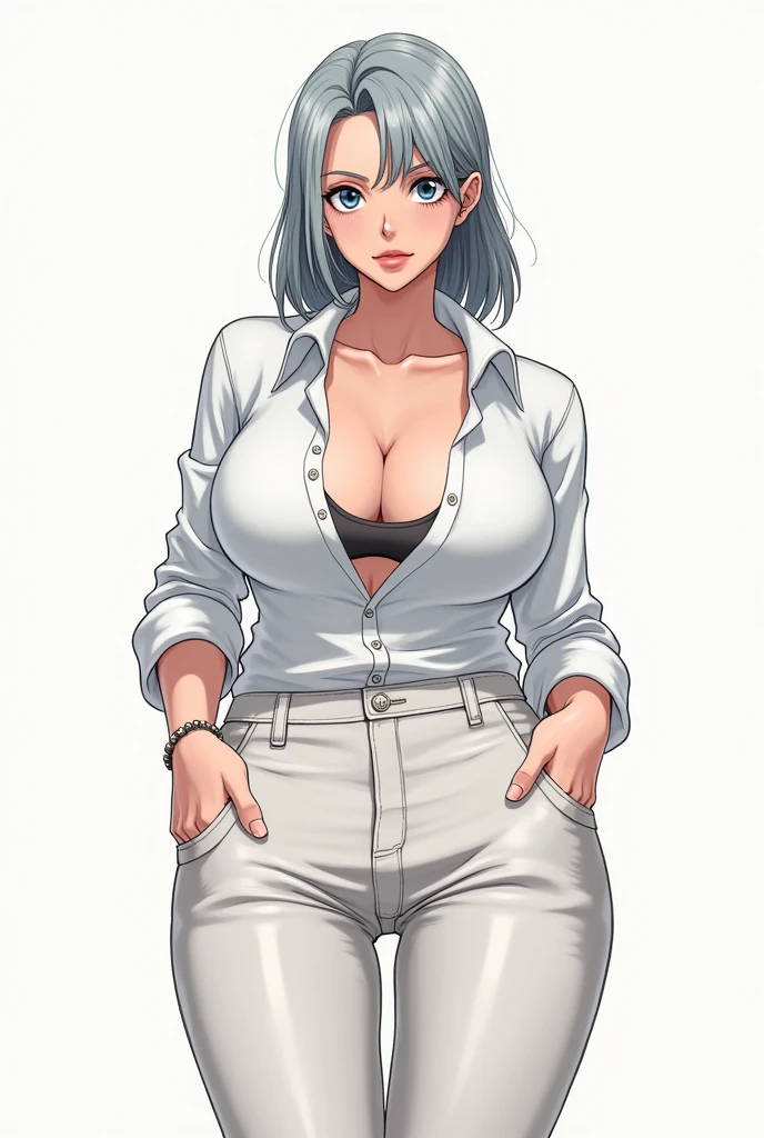 New one piece character, face with masculine features, woman body, grey mullet style hair, Copa B, white and with men's clothing