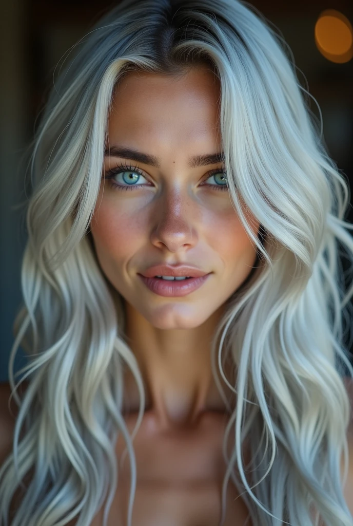 Silver hair, Hair over the shoulder, Long hair, Aqua Blue Eyes, slight smile, Cowboy-shot, 85mm, Canon, uhd, anatomically correct, textured skin, Super Detail, 8k