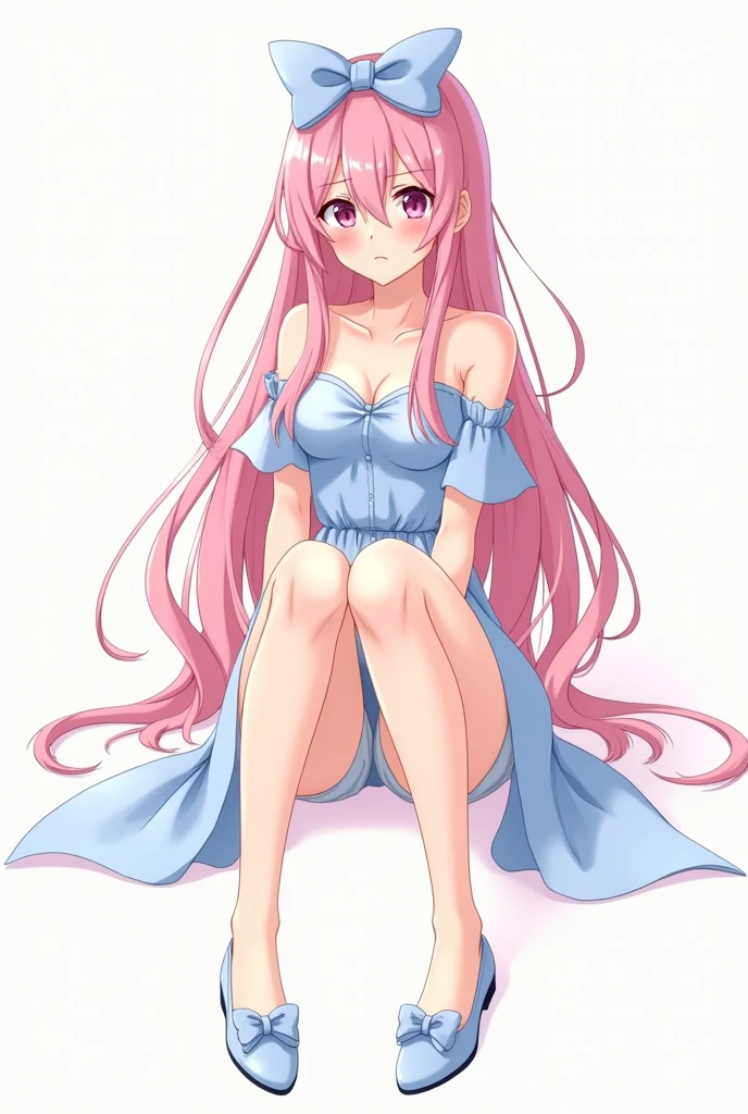 Anime woman with embarrassed face sitting facing forward with long pink hair with a big bow and light blue dress showing her legs open at 45 degrees upwards showing her panties and buttocks with blue flat shoes with a bow