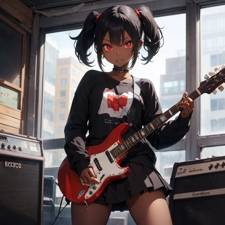 1 female, , darker skin, afro hair, black lip, big chest, legs, emo long sleeve shirt, emo mini skirt, emo earrings, school, red eyes, play guitar, rock pose, lip the guitar