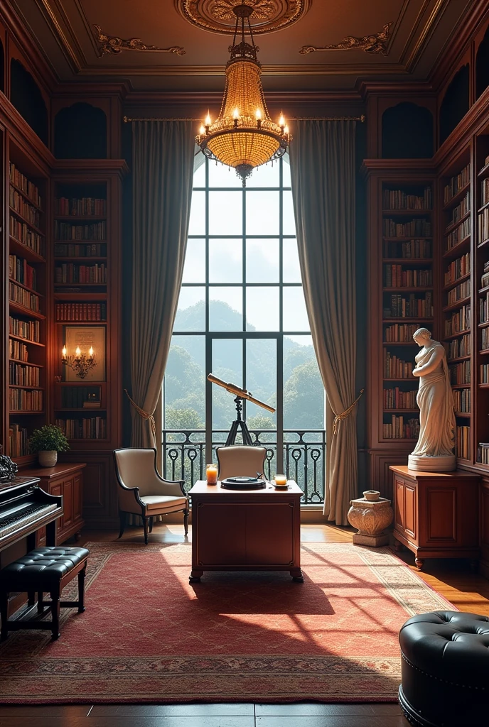 An image of a room with many bookshelves. And in the middle of the room there is a desk with a chair, On a piece of furniture there is a record player with a candle. There is a very large carpet on the floor.. On the right there is a sculpture of the goddess Aphrodite and on the left there is a piano. 